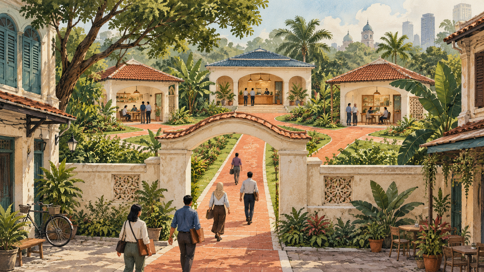 Conceptual illustration of business owners entering one gateway that connects several specialist service pavilions in a Malaysian civic courtyard.