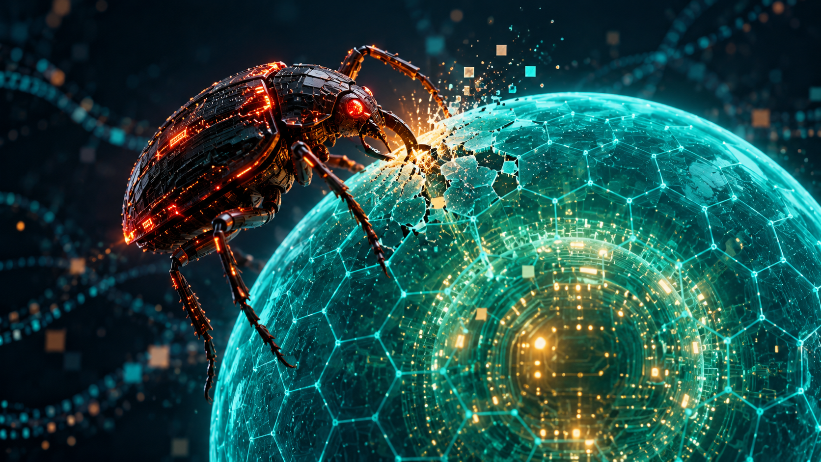 An orange-lit digital bug breaks into the teal wireframe membrane of a luminous digital cell.