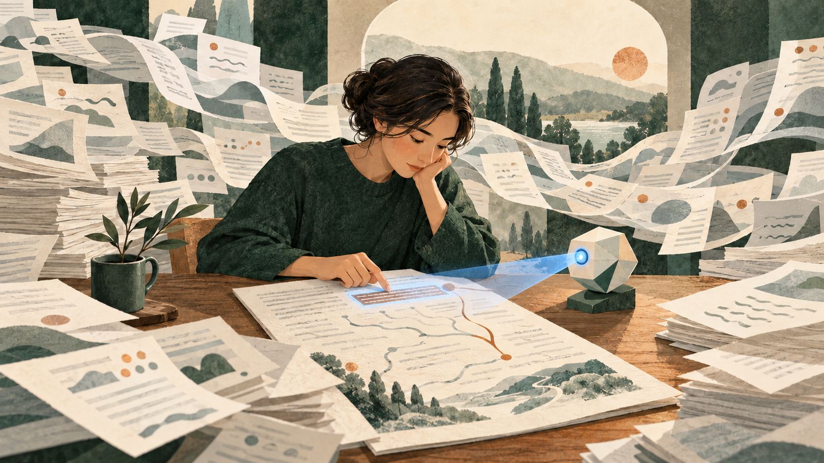 A reader studies a source document while a geometric AI robot scans its highlighted passage with blue light amid streams of papers and map routes.