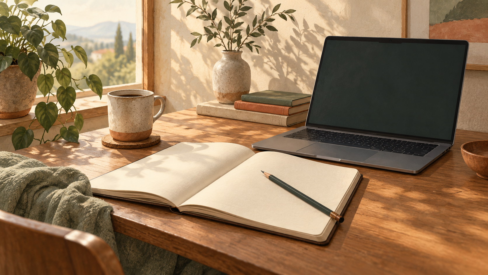 A blank notebook and pencil beside a laptop on a sunlit wooden desk.